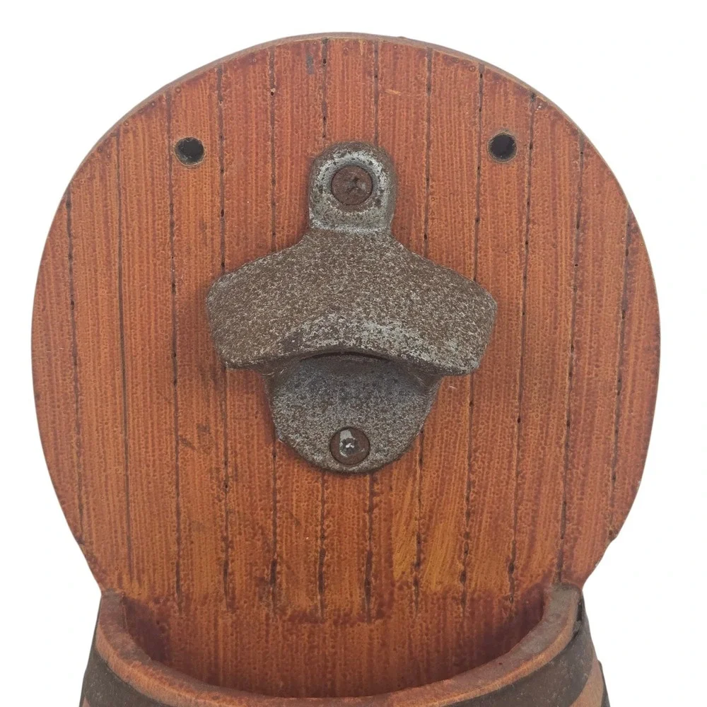 Vtg Wood Barrel Bottle Opener Wall Mount Cap Catcher Beer Spirits Bar Decor 11